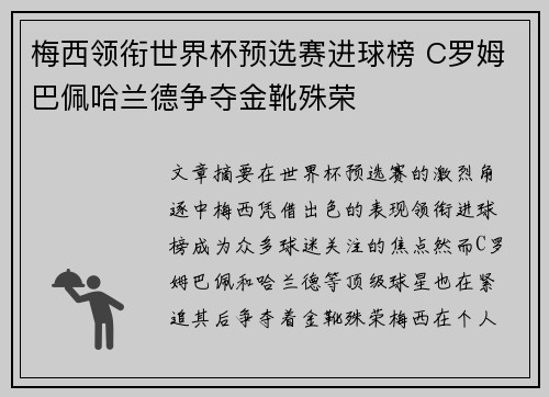 梅西领衔世界杯预选赛进球榜 C罗姆巴佩哈兰德争夺金靴殊荣